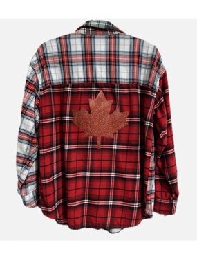Upcycled “Canada” Red Multi Plaid Shirt